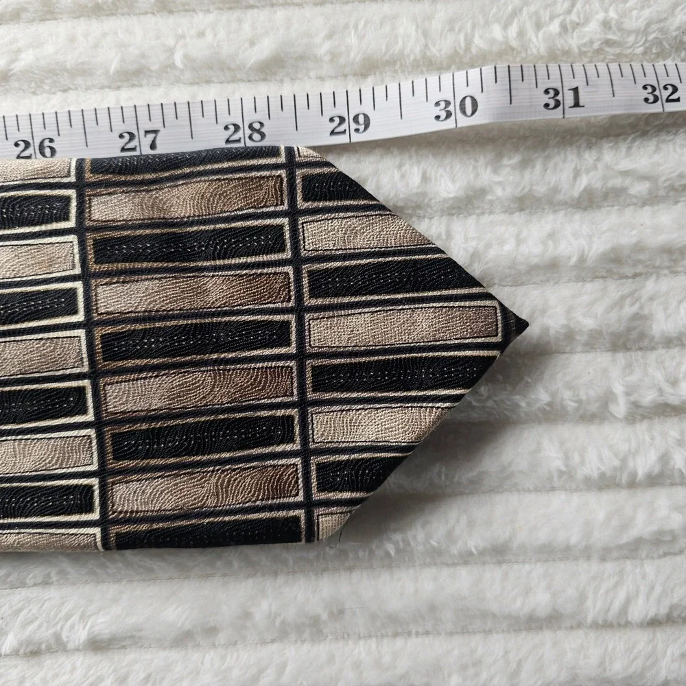 Mens 100% Silk Geometric Necktie 60in Brown Black Tan Modernist Retro